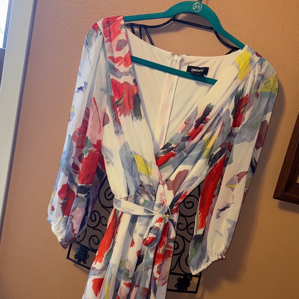 DKNY White Wrap Dress with Red, Pink, Gray & Yellow Brushstrokes